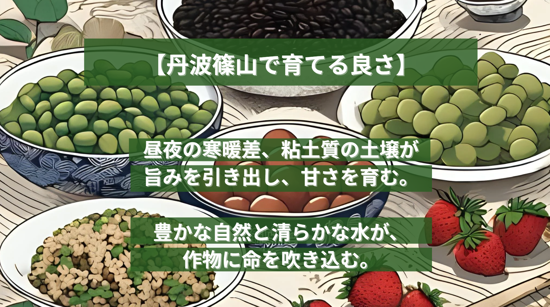 【丹波篠山で育てる良さ】


昼夜の寒暖差、粘土質の土壌が
旨みを引き出し、甘さを育む。

豊かな自然と清らかな水が、
作物に命を吹き込む。
